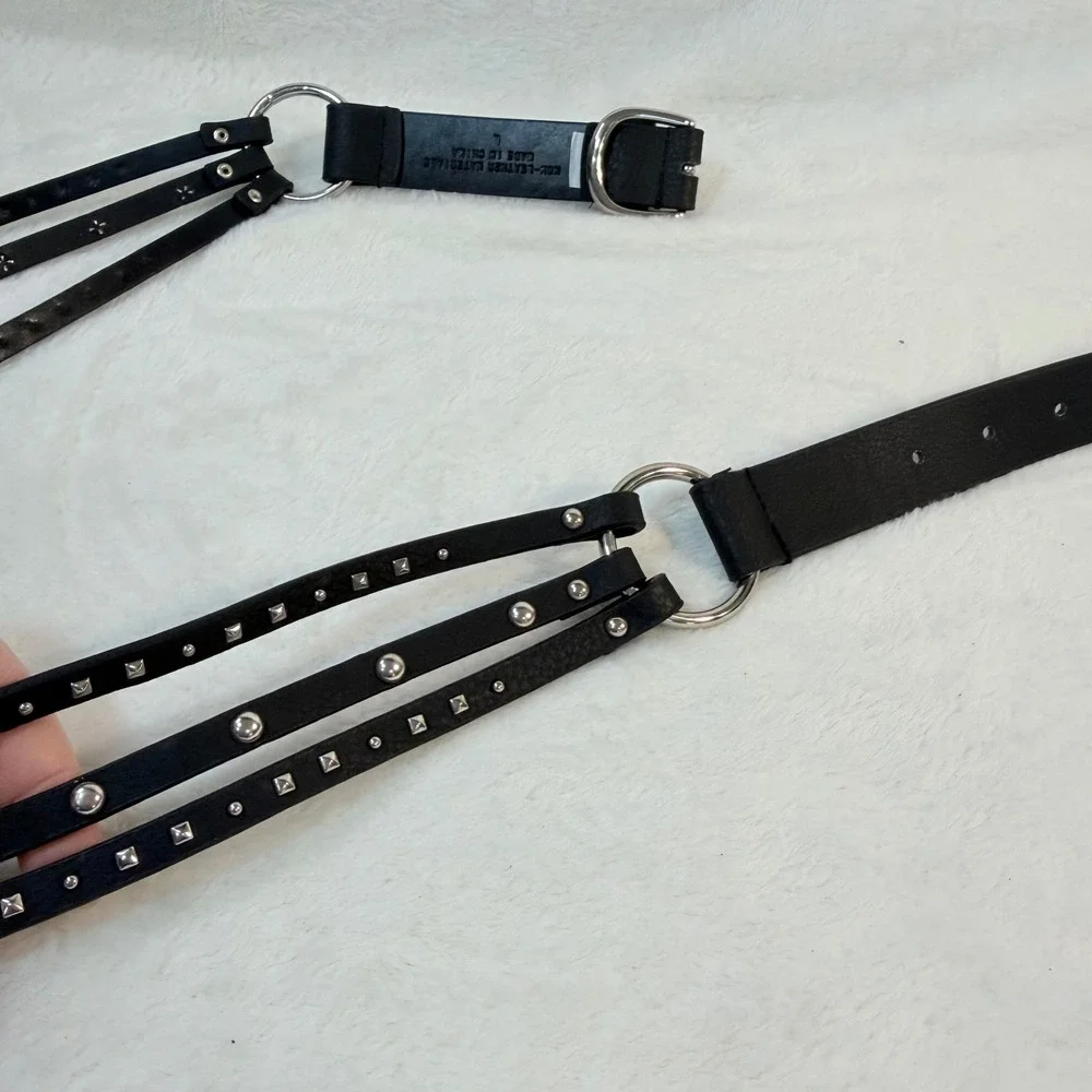 Womens Black Faux Leather Triple Strand Studded Belt Silver O-Ring Punk‎ Size L